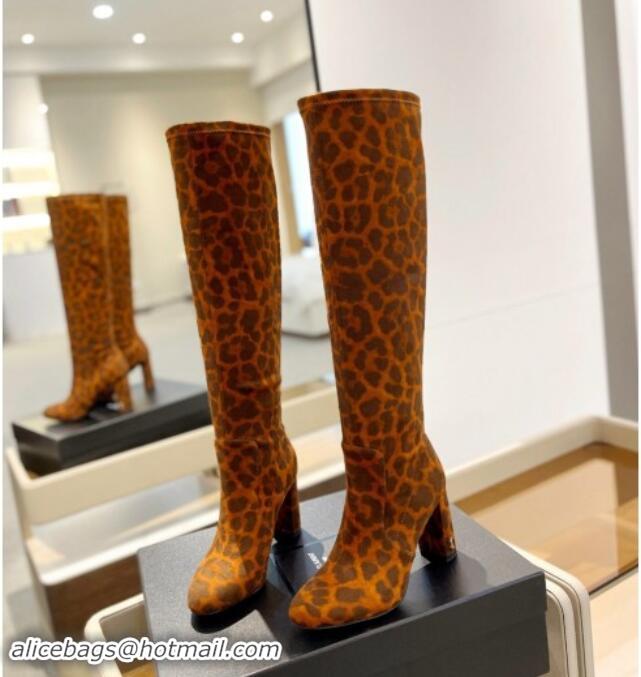 Classic Hot Saint Laurent Stretch High Boots 9.5cm in Leopard-print Suede Yellow 1009119