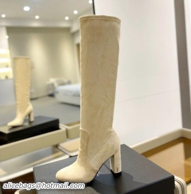 Popular Style Saint Laurent Stretch Suede High Boots 9.5cm Light Beige 1009120