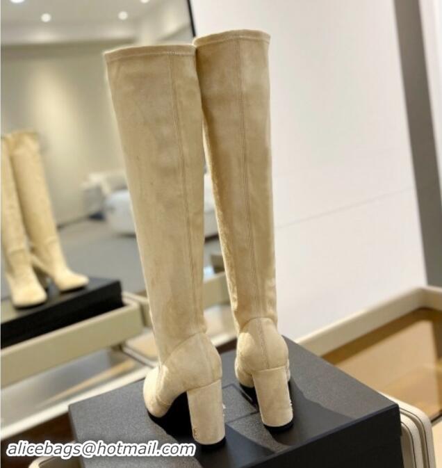 Popular Style Saint Laurent Stretch Suede High Boots 9.5cm Light Beige 1009120