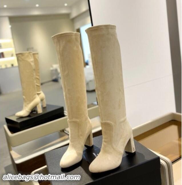 Popular Style Saint Laurent Stretch Suede High Boots 9.5cm Light Beige 1009120