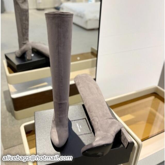 Best Product Saint Laurent Stretch Suede High Boots 9.5cm Grey 009121