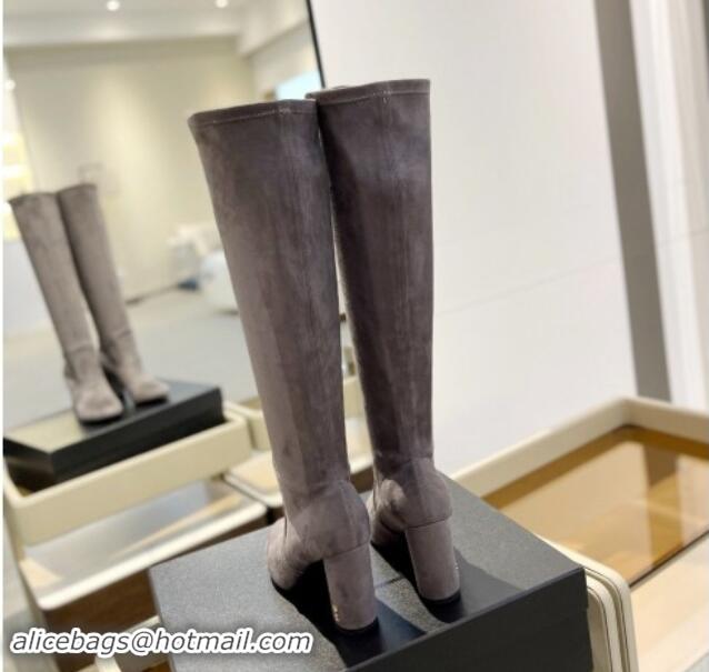 Best Product Saint Laurent Stretch Suede High Boots 9.5cm Grey 009121