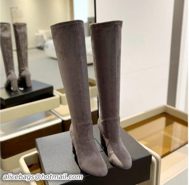 Best Product Saint Laurent Stretch Suede High Boots 9.5cm Grey 009121