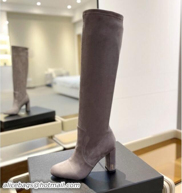 Best Product Saint Laurent Stretch Suede High Boots 9.5cm Grey 009121