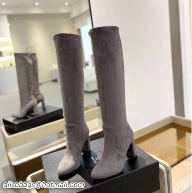 Best Product Saint Laurent Stretch Suede High Boots 9.5cm Grey 009121