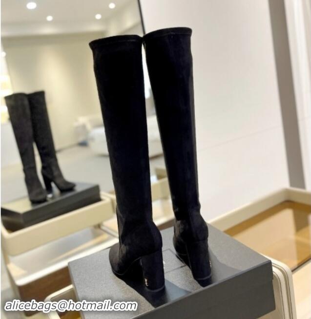 Buy Luxury Saint Laurent Stretch Suede High Boots 9.5cm Black 1009123