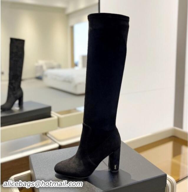 Buy Luxury Saint Laurent Stretch Suede High Boots 9.5cm Black 1009123