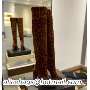 Top Design Saint Laurent Stretch Over-Knee High Boots in Leopard-print Suede Yellow 1009124