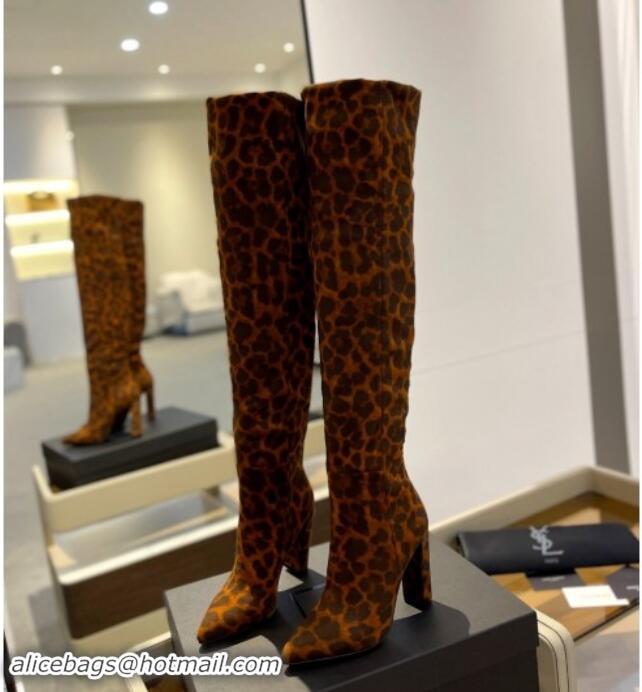 Top Design Saint Laurent Stretch Over-Knee High Boots in Leopard-print Suede Yellow 1009124