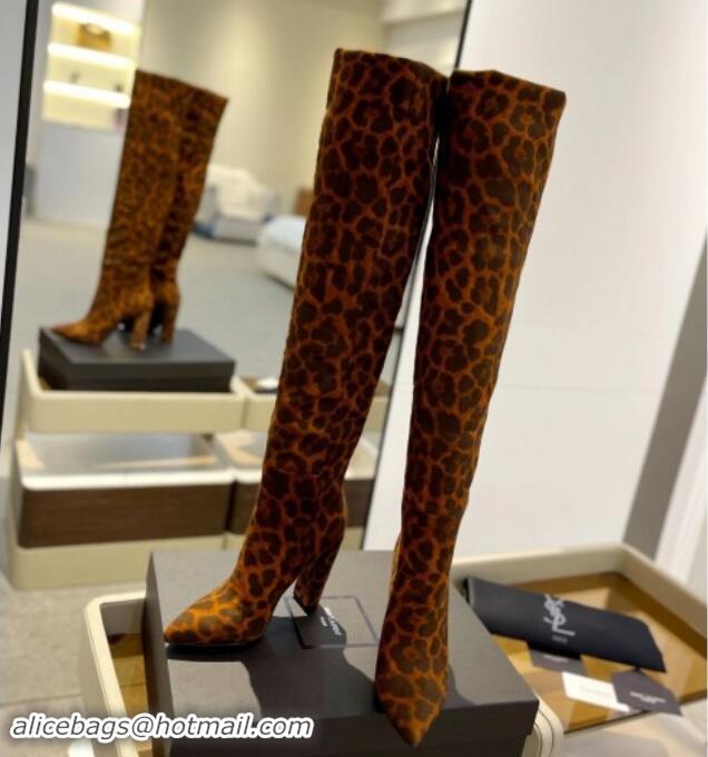 Top Design Saint Laurent Stretch Over-Knee High Boots in Leopard-print Suede Yellow 1009124