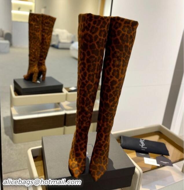 Top Design Saint Laurent Stretch Over-Knee High Boots in Leopard-print Suede Yellow 1009124