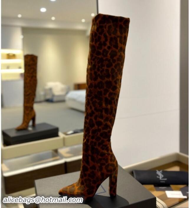 Top Design Saint Laurent Stretch Over-Knee High Boots in Leopard-print Suede Yellow 1009124