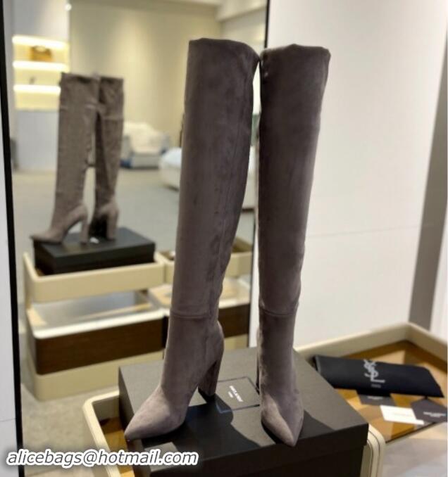 Pretty Style Saint Laurent Stretch Suede Over-Knee High Boots Grey 1009125