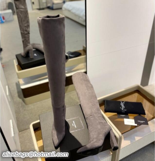 Pretty Style Saint Laurent Stretch Suede Over-Knee High Boots Grey 1009125