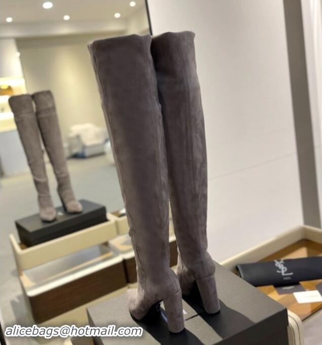 Pretty Style Saint Laurent Stretch Suede Over-Knee High Boots Grey 1009125