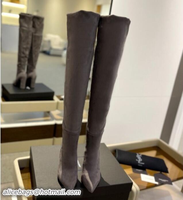 Pretty Style Saint Laurent Stretch Suede Over-Knee High Boots Grey 1009125