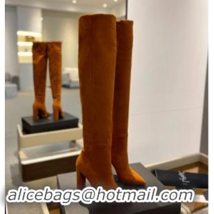 Shop Duplicate Saint Laurent Stretch Suede Over-Knee High Boots Dark Yellow 1009126