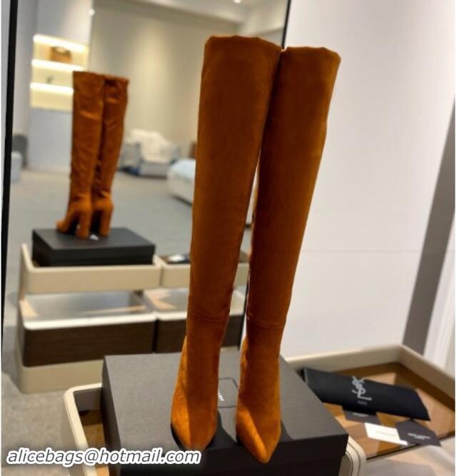 Shop Duplicate Saint Laurent Stretch Suede Over-Knee High Boots Dark Yellow 1009126