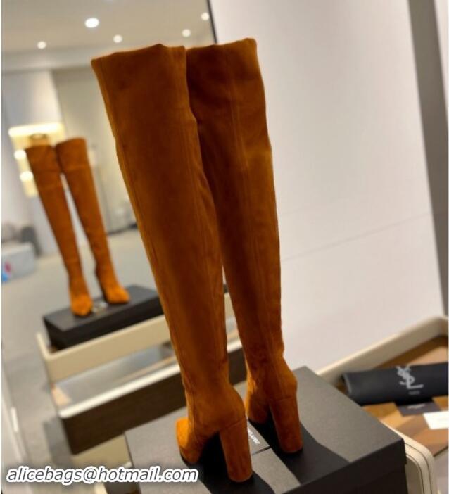 Shop Duplicate Saint Laurent Stretch Suede Over-Knee High Boots Dark Yellow 1009126