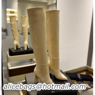 Purchase Saint Laurent Stretch Suede Over-Knee High Boots Beige 1009127