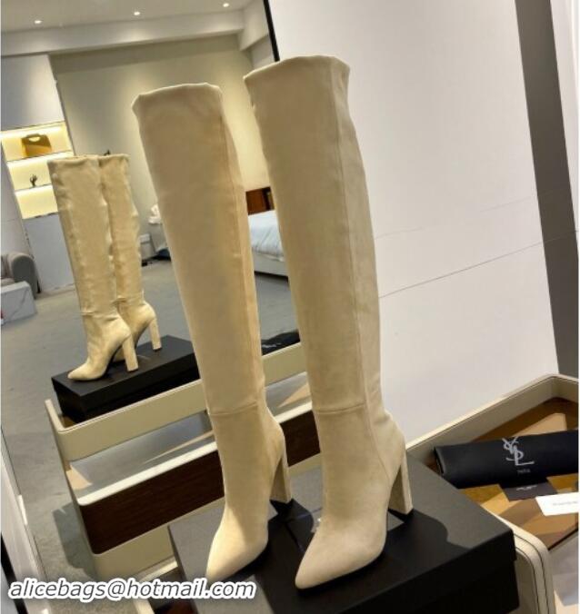 Purchase Saint Laurent Stretch Suede Over-Knee High Boots Beige 1009127