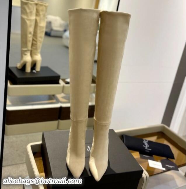 Purchase Saint Laurent Stretch Suede Over-Knee High Boots Beige 1009127