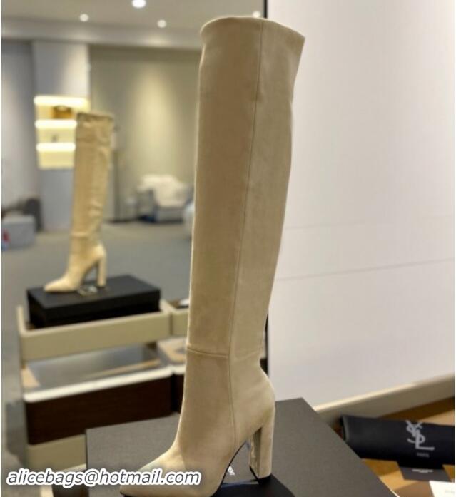 Purchase Saint Laurent Stretch Suede Over-Knee High Boots Beige 1009127