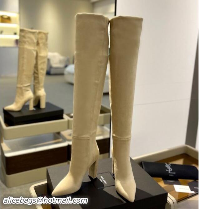 Purchase Saint Laurent Stretch Suede Over-Knee High Boots Beige 1009127