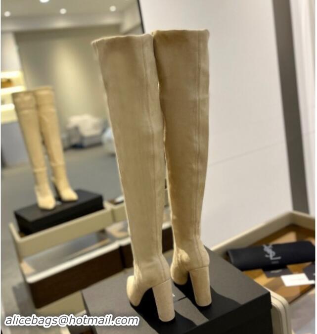 Purchase Saint Laurent Stretch Suede Over-Knee High Boots Beige 1009127