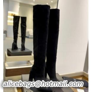 Unique Style Saint Laurent Stretch Suede Over-Knee High Boots Black 009128