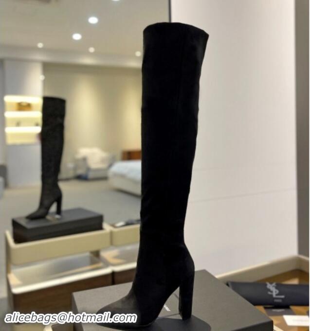 Unique Style Saint Laurent Stretch Suede Over-Knee High Boots Black 009128