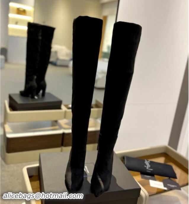 Unique Style Saint Laurent Stretch Suede Over-Knee High Boots Black 009128