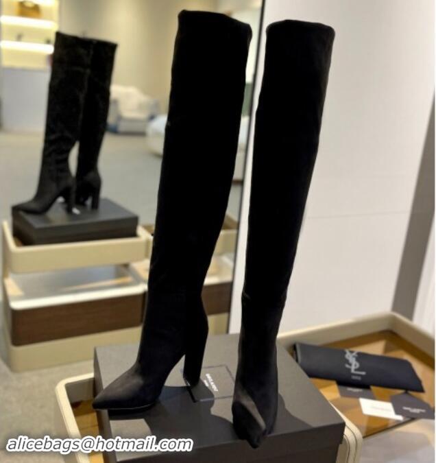 Unique Style Saint Laurent Stretch Suede Over-Knee High Boots Black 009128