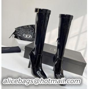 Good Quality Saint Laurent Patent Leather High Boots 10cm Black with Strass Buckle 1010002