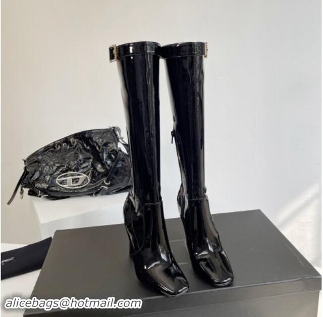 Good Quality Saint Laurent Patent Leather High Boots 10cm Black with Strass Buckle 1010002