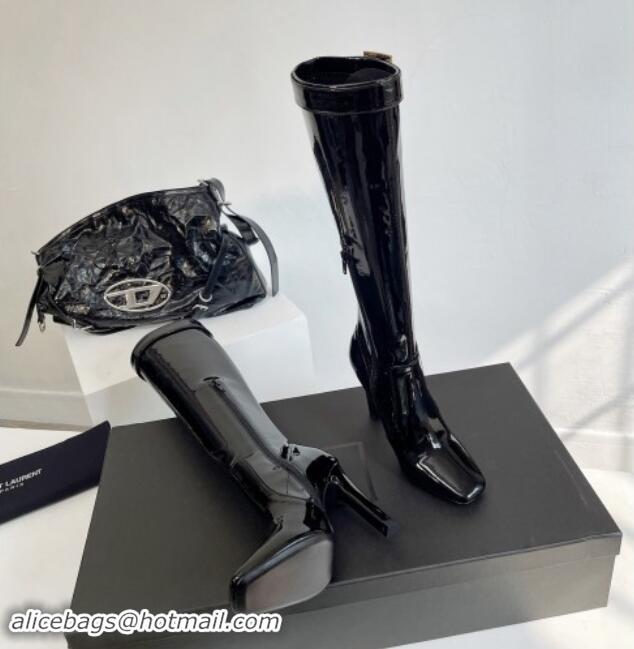 Good Quality Saint Laurent Patent Leather High Boots 10cm Black with Strass Buckle 1010002