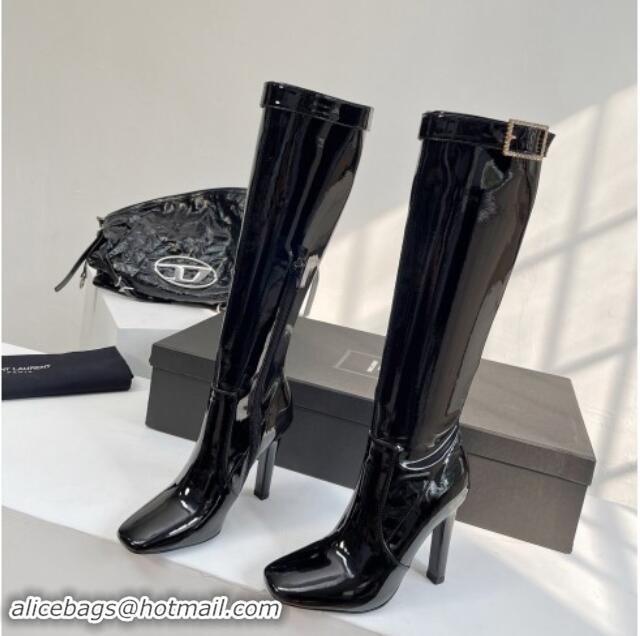 Good Quality Saint Laurent Patent Leather High Boots 10cm Black with Strass Buckle 1010002