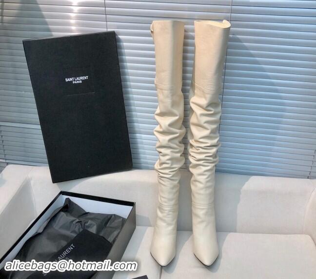 Top Grade Saint Laurent Jane Over-the-knee High Boots 10.5cm in Calfskin Leather White 010001