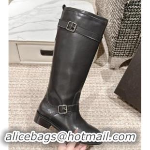 Best Grade Saint Laurent River High Boots with Buckle in Smooth Leather Black 010003