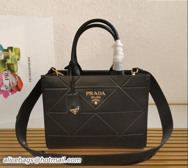 Well Crafted Prada Small Leather Symbole Tote Bag with Topstitching 1BA379 Black 2023