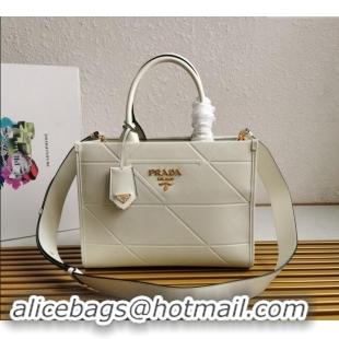 Super Quality Prada Small Leather Symbole Tote Bag with Topstitching 1BA379 White 2023