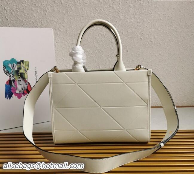 Super Quality Prada Small Leather Symbole Tote Bag with Topstitching 1BA379 White 2023