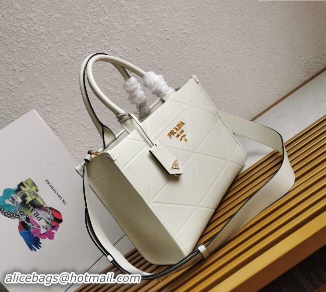 Super Quality Prada Small Leather Symbole Tote Bag with Topstitching 1BA379 White 2023