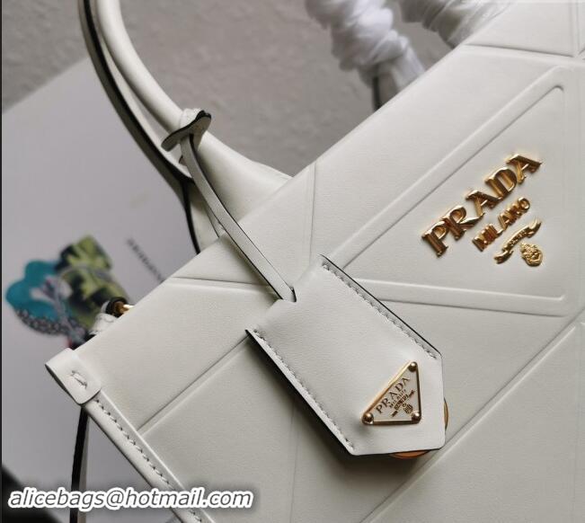 Super Quality Prada Small Leather Symbole Tote Bag with Topstitching 1BA379 White 2023