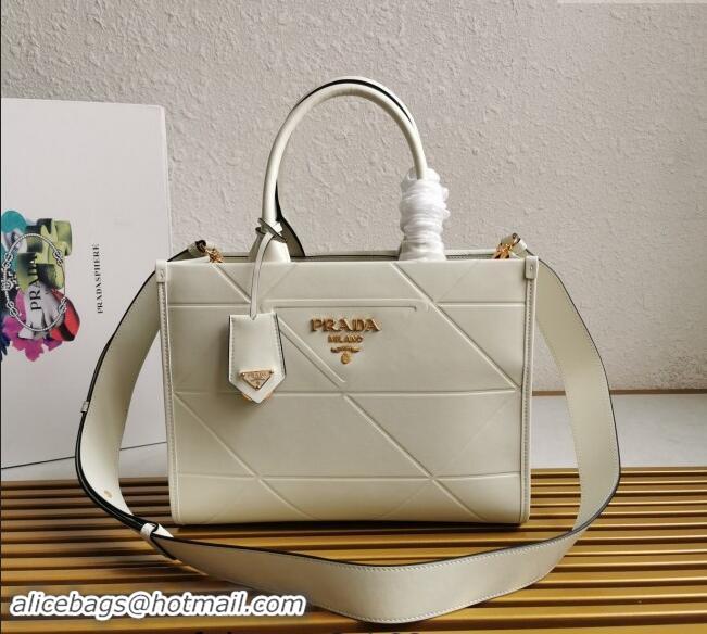 Super Quality Prada Small Leather Symbole Tote Bag with Topstitching 1BA379 White 2023