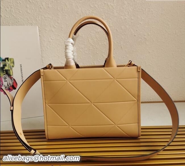 Market Sells Prada Small Leather Symbole Tote Bag with Topstitching 1BA379 Beige 2023