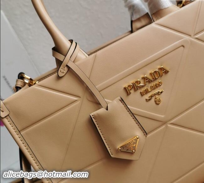 Market Sells Prada Small Leather Symbole Tote Bag with Topstitching 1BA379 Beige 2023