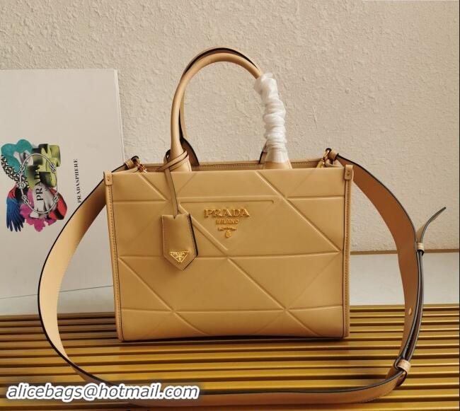 Market Sells Prada Small Leather Symbole Tote Bag with Topstitching 1BA379 Beige 2023