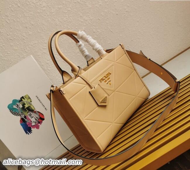 Market Sells Prada Small Leather Symbole Tote Bag with Topstitching 1BA379 Beige 2023