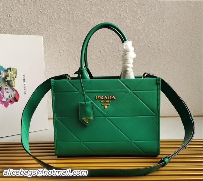 Best Price Prada Small Leather Symbole Tote Bag with Topstitching 1BA379 Green 2023